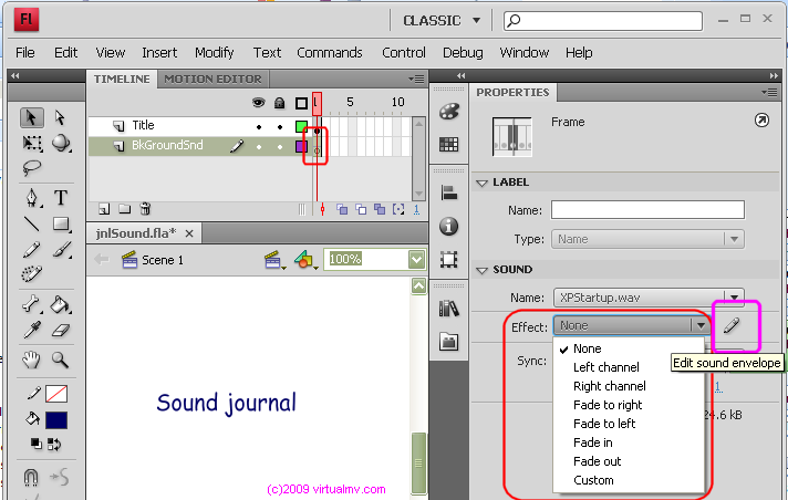 Adding Sound effects, The Sound envelope button