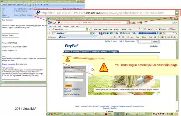 Phish email linking to fake PayPal page (note URL). User must login to activate the page (all the hyperlinks were not working)